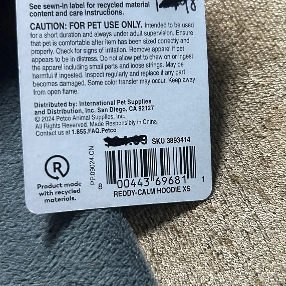 NWT Reddy soothing calming dog hoodie XS